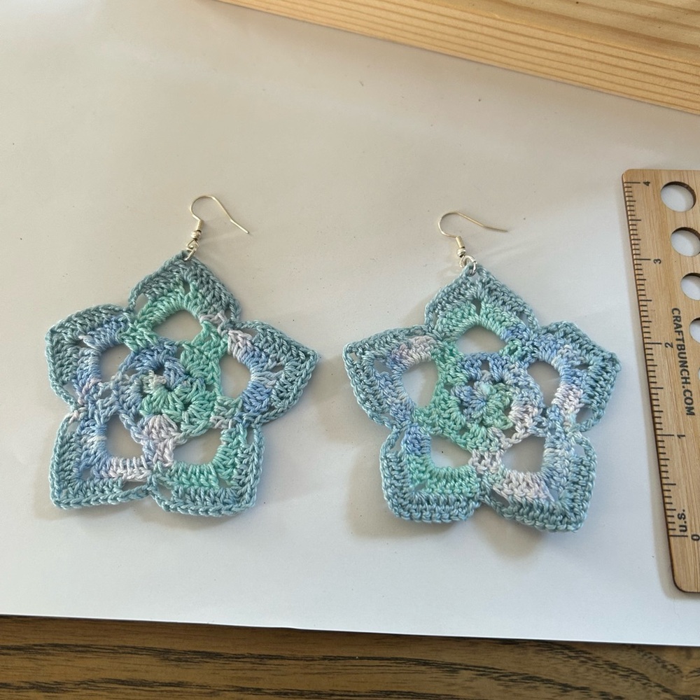 Crochet Flower Earrings in Blue and Green